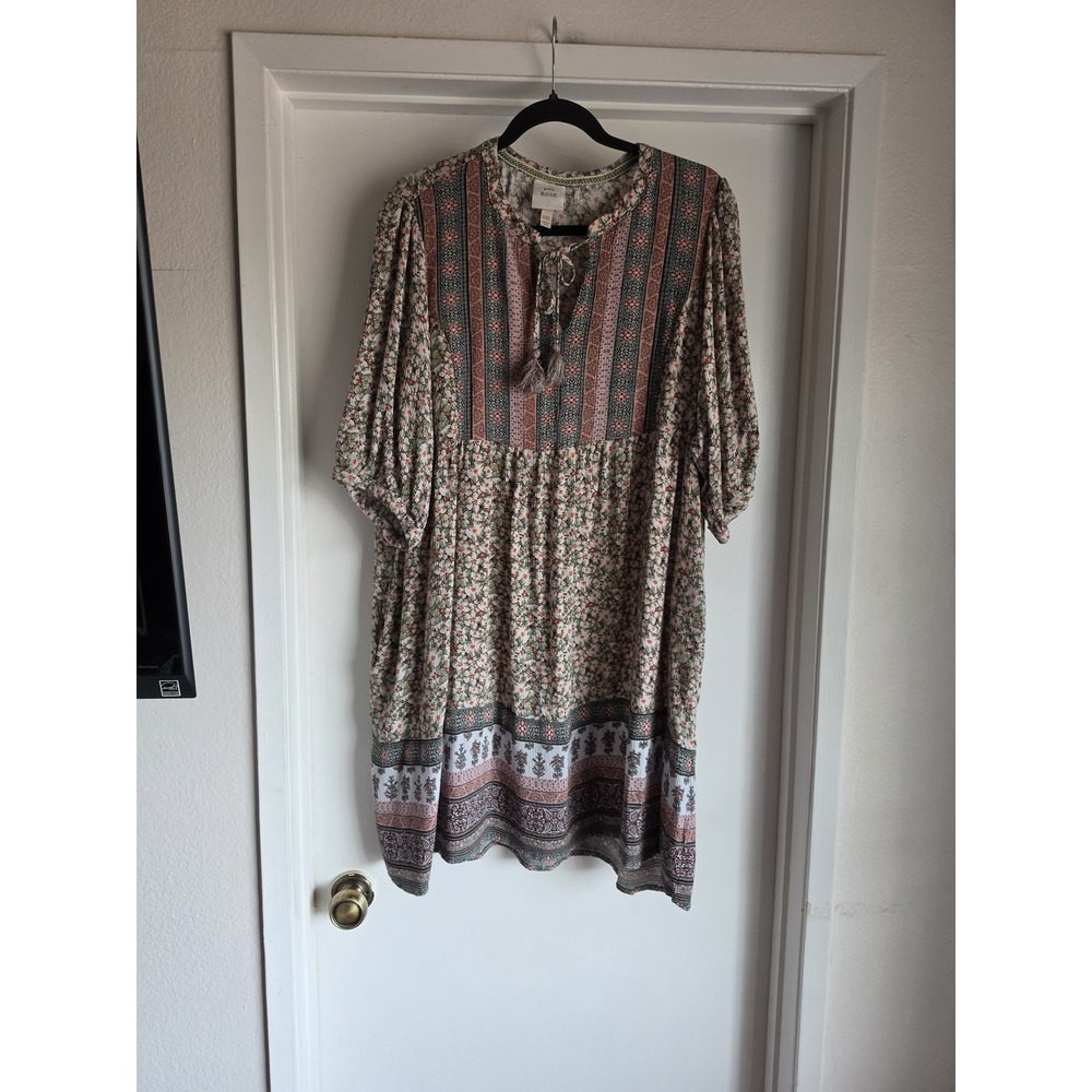 Knox Rose Floral Mini Dress XXL 3/4 Sleeve Green Pink Bohemian Pockets